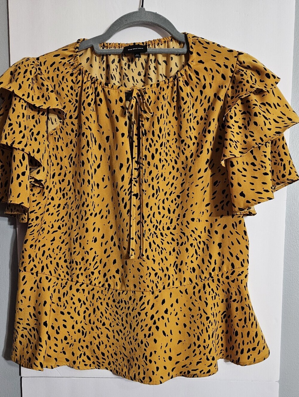 Who What Wear Animal Print Yellow Ruffle Sleeve Tie-Neck Blouse